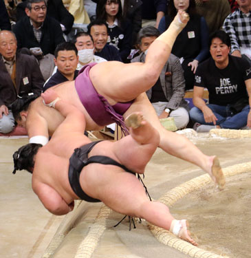 Asanoyama throws the ozeki Takakeisho at the November 2023 tournament