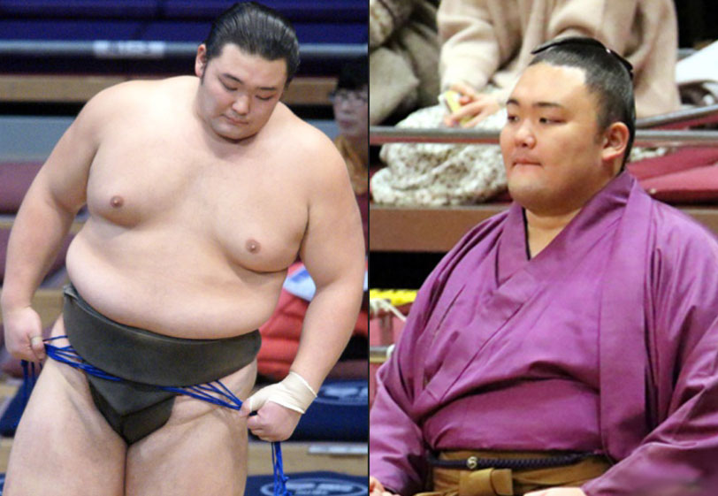 Asanoyama as the makushita wrestler Ishibashi beside a later portrait