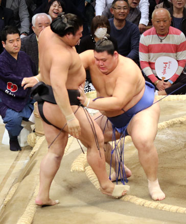 Two top-division sumo wrestlers in a bout