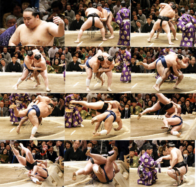 Frame-by-frame sequence of Asashoryu against Kotomitsuki at the January 2008 tournament