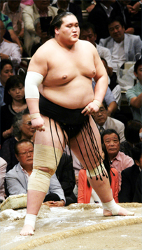 A top-division sumo wrestler steps onto the dohyo