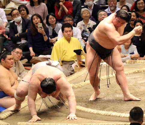 Wakamotoharu beats Atamifuji at the May 2024 tournament