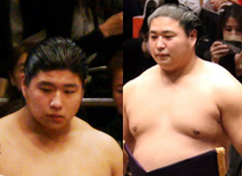 Wakamotoharu as a jonokuchi wrestler beside a later portrait